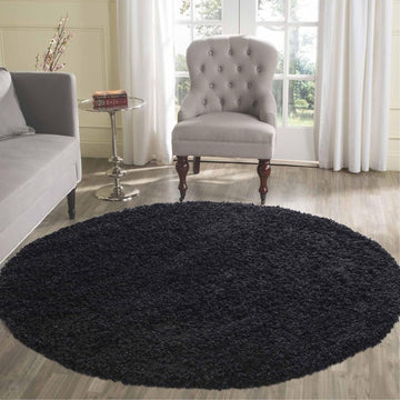 Oxford OXF00 Plain Plush Soft Stain-Resistant Textured Polypropylene Shaggy Black Round Rug-Desire Rugs-Rug Love - The Most Loved Rug Store